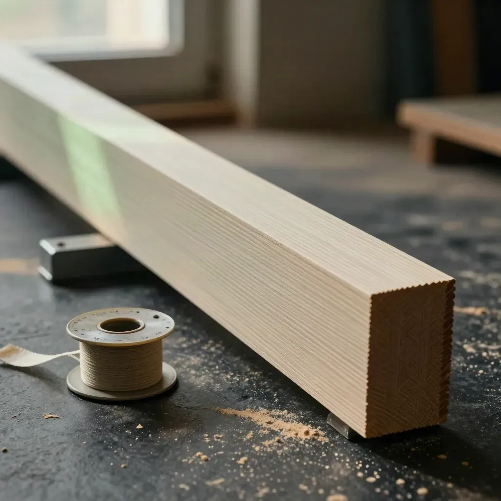 Viga laminada larga sobre borriquetas metálicas y fleje, con polvo de madera y luz dramática.
