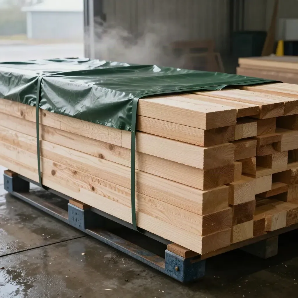 Paquete de tableros y listones para obra, con lona verde y suelo mojado