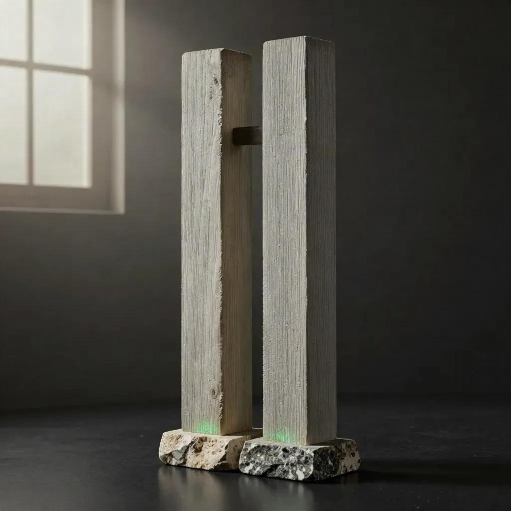 Dos postes de vallado tratados sobre fondo oscuro con luz dramática y apoyo de piedra.